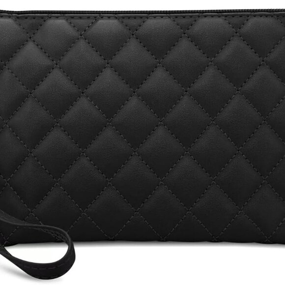 Women’s Quilted Leather Wristlet Clutch Small Purse Organizer with Detachable St